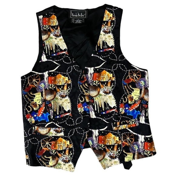 Vintage Nicole Miller Printed Vest Cowboy Rodeo Western Silk Black Size Large - Picture 4 of 11